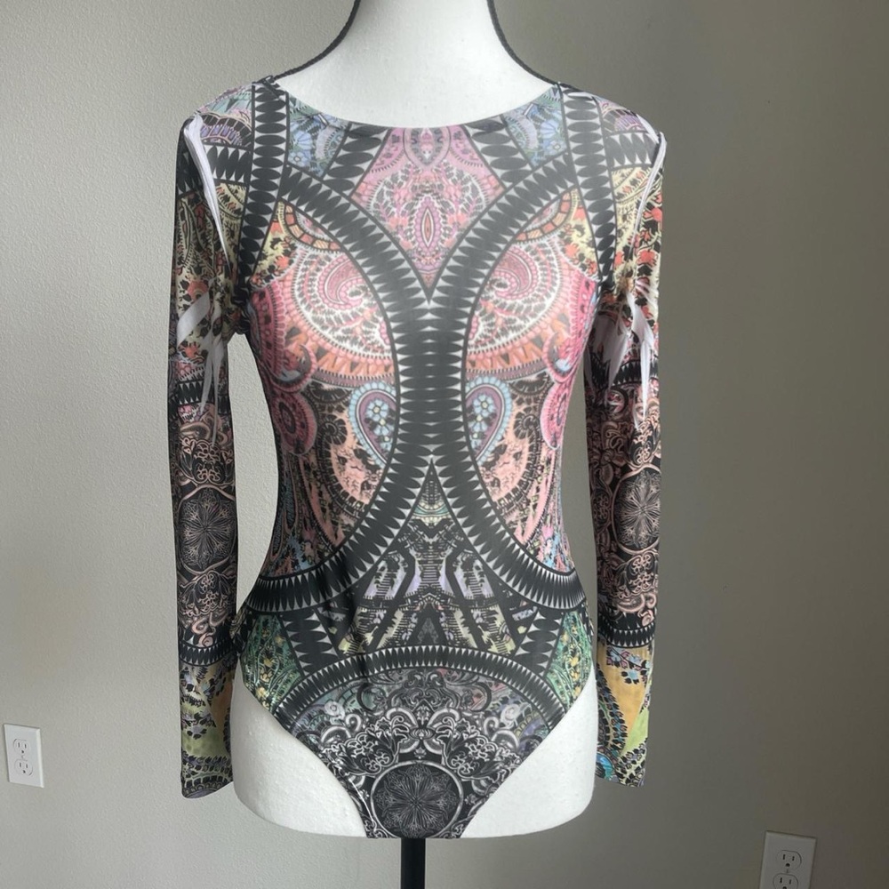 Fashion Nova Colorful Long Sleeve Mesh Bodysuit